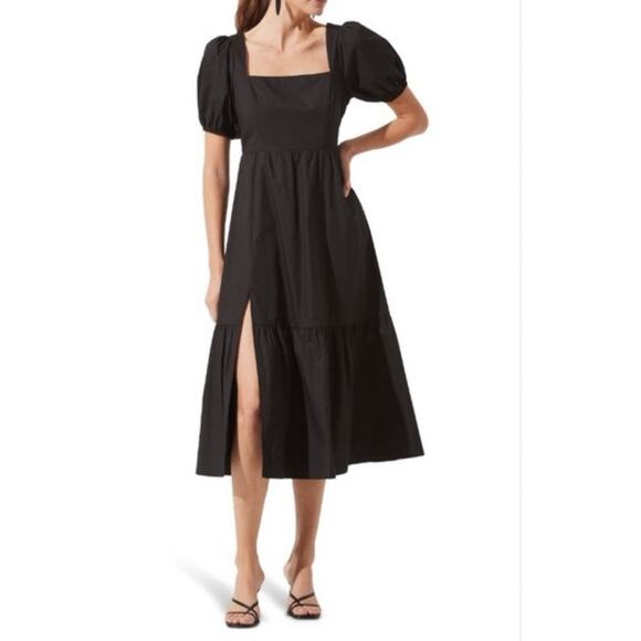 Astr Dresses & Skirts - ASTR the Label Poplin Puff Sleeve Tiered Midi Dress Black Staple Minimalist Sz M